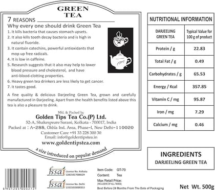 Golden Tips Darjeeling Flowery Pekoe Loose Leaf Green Tea with Delicate Flavor, Floral Aroma & Pale Green Cup, Naturally Fresh & Refreshing (500 Gram, 250 cups )