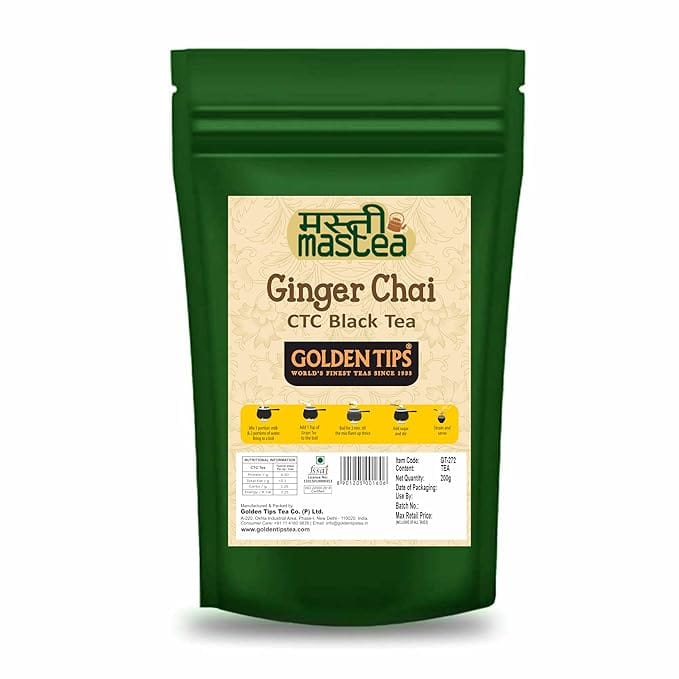 Golden Tips Ginger Chai Tea, Strong CTC Blend with Crushed Ginger, Spiced Masala chai for Digestion, Best with Milk, Ayurvedic Herbal chai, Bold & Aromatic Indian Tea (100 Gram, 50 cups)