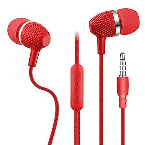 Wired Earphones with Mic (Red) Extra Powerful Bass with Mic, Tangle Free & Extra Length Cable | Earphones for Mobile.