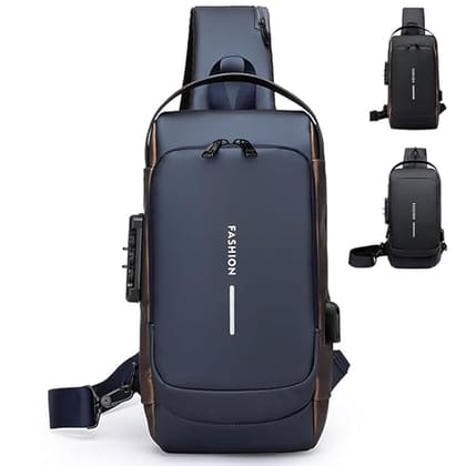 Waterproof Anti-theft Crossbody Bag With Password Zipper Lock & USB Charging Port, Men's Shoulder Chest Daypack Bag Travel Hiking Sling Backpack