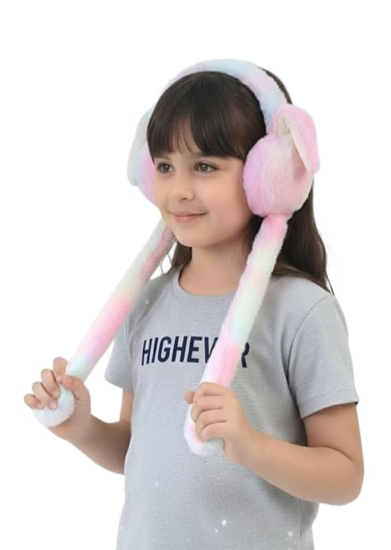 Rainbow Color Adorable Bunny Moving Ear Earmuffs for Kids | Soft Plush Ear Muffs with Sound | Warm Winter Faux Fur Ear Warmers for Boys & Girls