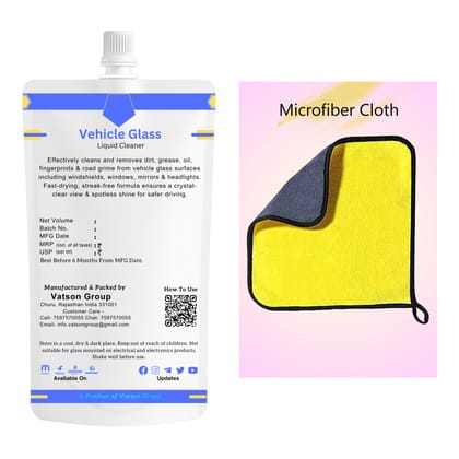 Vehicle Glass Cleaner | Removes Dust, Grease, Fingerprints & Stains | Quick Shine for Vehicle Windshield, Windows Mirrors & Headlight | 100ml Refill Pack with Microfiber Cloth