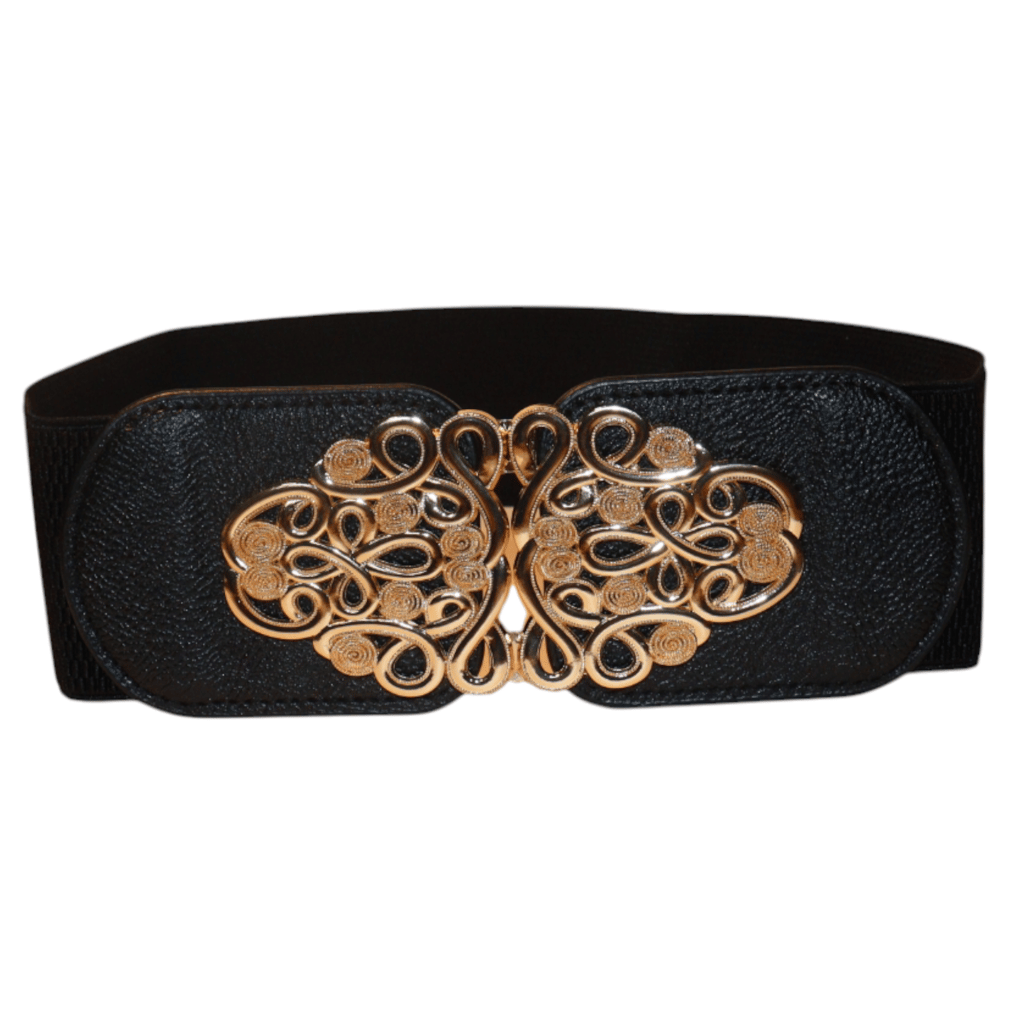 Women's Black Elastic Waist Belt with Gold Filigree Buckle
