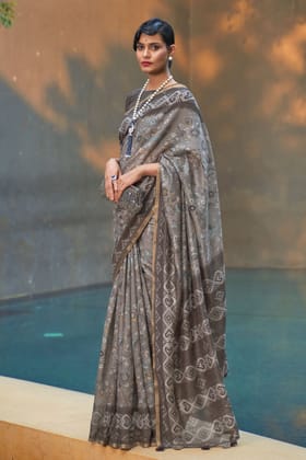 Grey Printed Cotton Saree