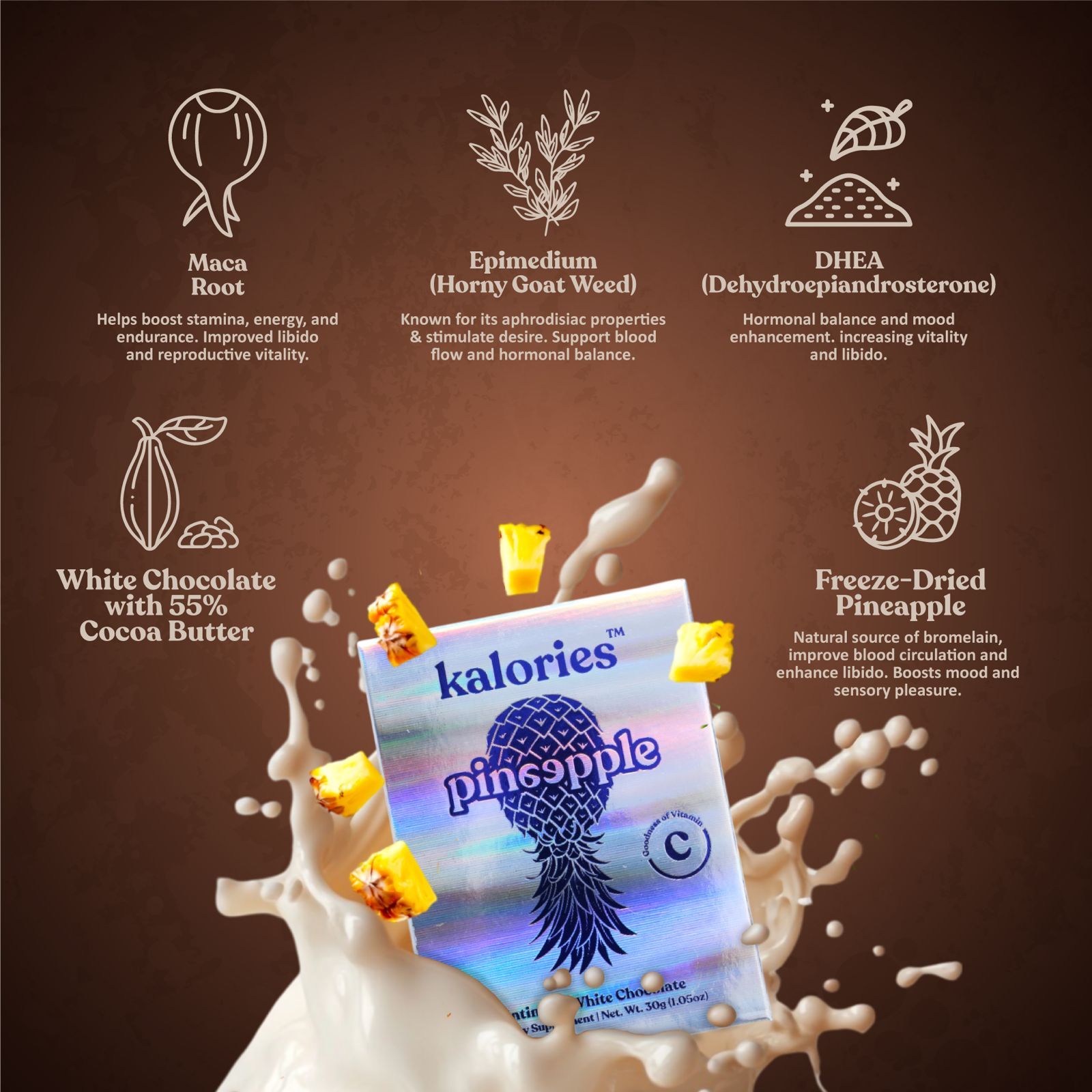 Kalories Love Pineapple Intimacy White Chocolate | Fruity, Creamy, Irresistible | (2 Pieces, 15gm Each ) | No Sugar, With Epimedium, Maca, and DHEA, | Romantic Gift for Men & Women | Weddings & Honeymoons