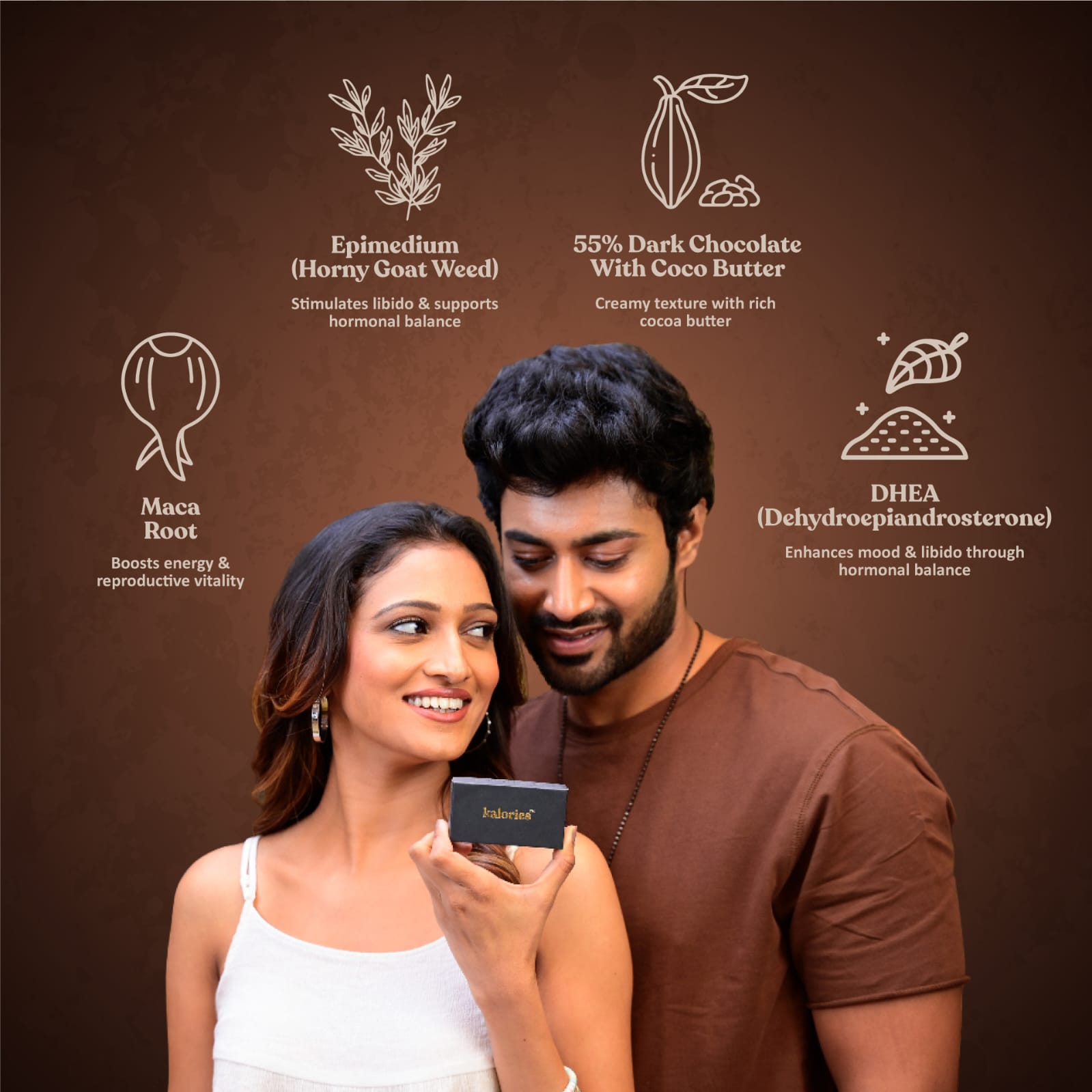 Kalories Love Intimacy Dark Chocolate | (2 Pieces, 10g) Each | 55% Cocoa, No Sugar, Rich in Antioxidants | Infused with Epimedium, DHEA & Maca Root | Honeymoon, Anniversary & Romantic Gift for Couples