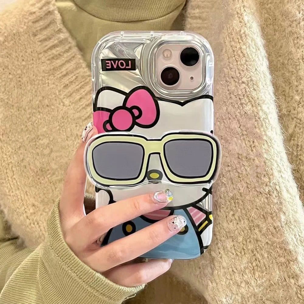Hello Kitty With 3D Sunglasses Bracket Phone Holder iPhone Soft Case-iPhone 13 / iPhone 14