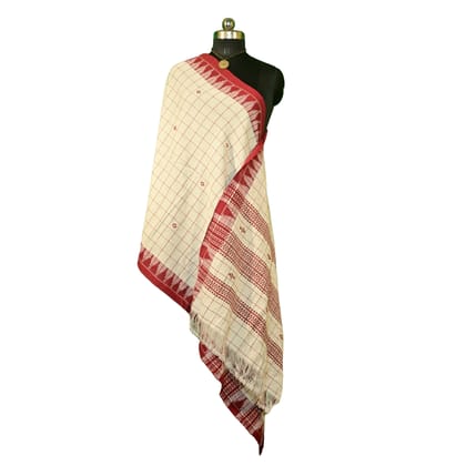 Authentic Kotpad Handloom Cotton Dupatta | Natural Aal Dyed Tribal Weave | Off-White & Maroon Dupatta with Traditional Motifs | Handwoven by Koraput Artisans – 2.5M