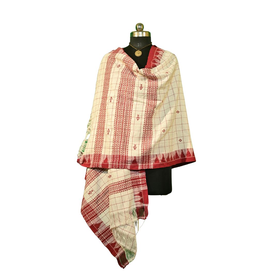 Authentic Kotpad Handloom Cotton Dupatta | Natural Aal Dyed Tribal Weave | Off-White & Maroon Dupatta with Traditional Motifs | Handwoven by Koraput Artisans – 2.5M