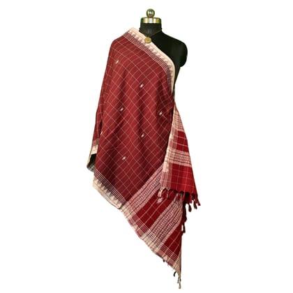 Authentic Kotpad Handloom Cotton Dupatta | Natural Aal Dyed Tribal Weave | Deep Maroon Dupatta with White Traditional Motifs | Handwoven by Koraput Artisans – 2.5M