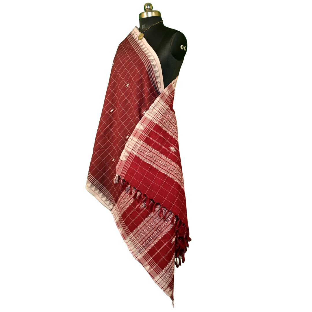 Authentic Kotpad Handloom Cotton Dupatta | Natural Aal Dyed Tribal Weave | Deep Maroon Dupatta with White Traditional Motifs | Handwoven by Koraput Artisans – 2.5M