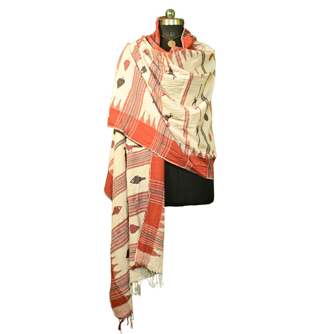 Authentic Kotpad Handloom Cotton Shawl | Natural Aal-Dyed Tribal Weave | Handwoven Dupatta with Traditional Motifs | Crafted by Koraput Artisans