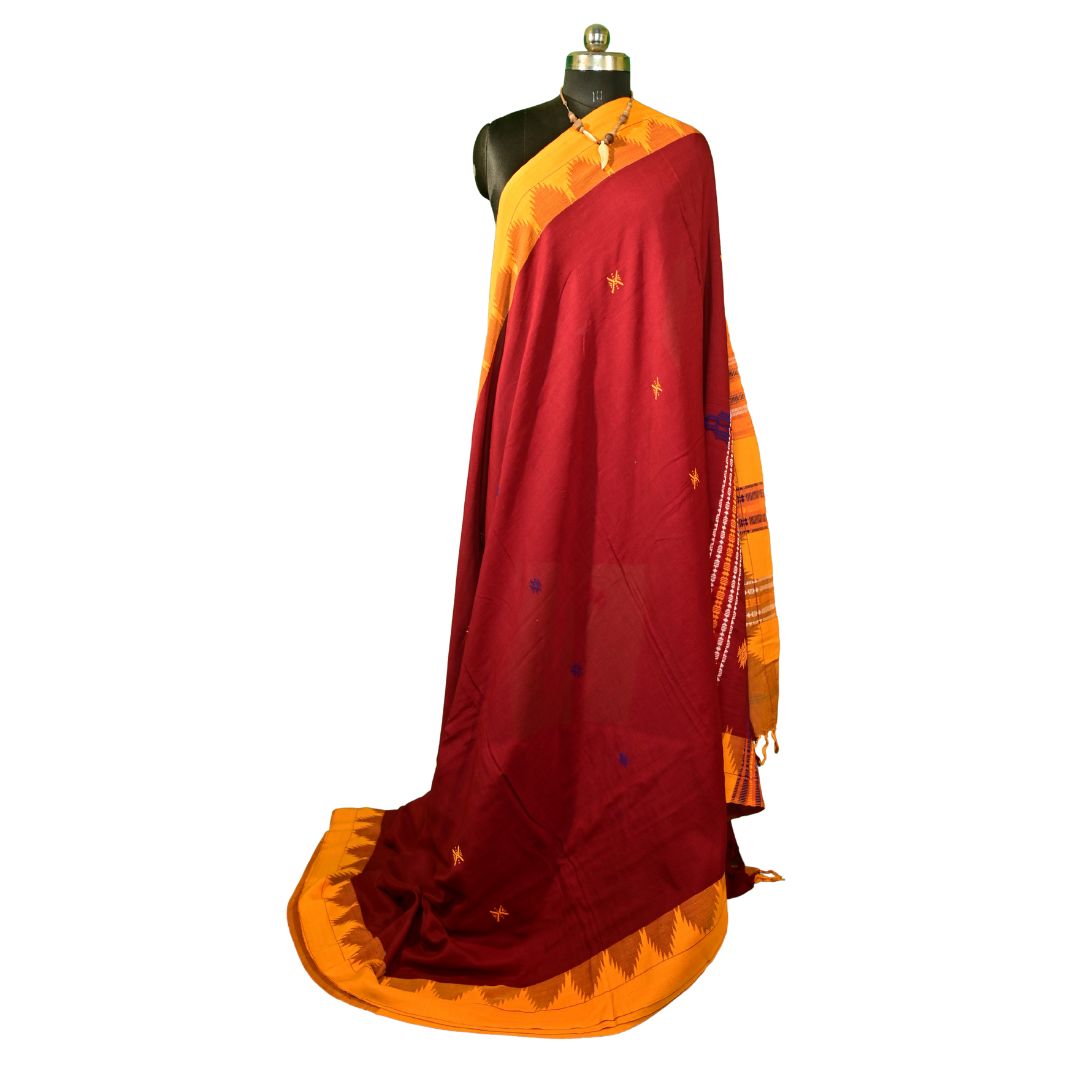 Authentic Kotpad Tribal Cotton Saree | Maroon Body with Mustard Aal-Dyed Border | Handwoven by Koraput Artisans