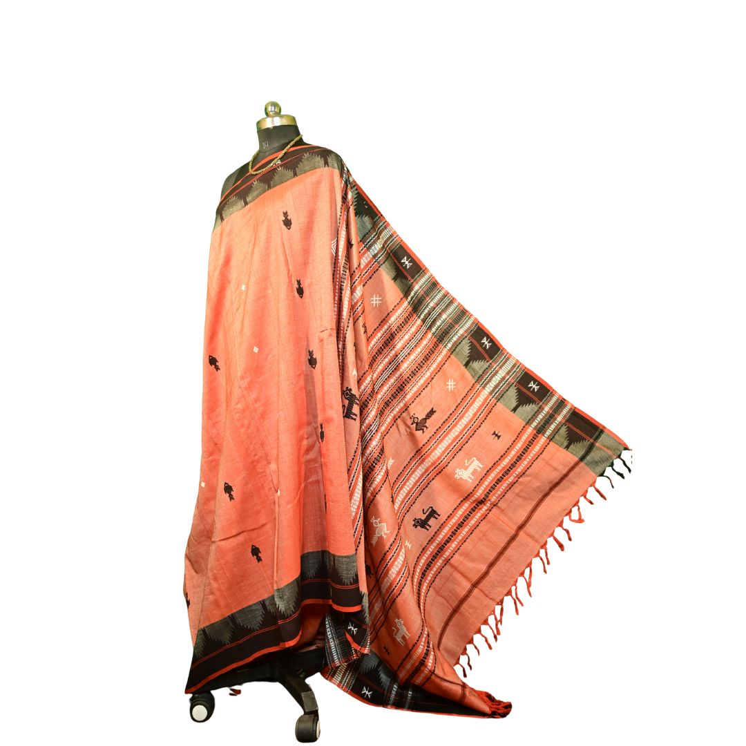 Authentic Kotpad Tradiotional Tussar Silk Saree | Rust Red with Black Tribal Motifs & Striped Pallu | Handwoven by Koraput Tribal Artisans