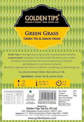 Golden Tips Loose Leaf Lemongrass & Green Tea, Detox & Soothing Herbal Tea, Antioxidant-Rich, Digestion & Immunity Boost, Aromatic, Light & Refreshing (250 Gram, 120 cups)