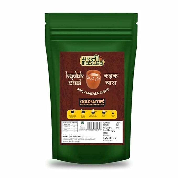 Golden Tips Kadak Masala Chai, Strong Assam CTC Tea with Aromatic Spices, Cardamom, Cinnamon, Clove, Ginger & Bay Leaves, Bold & Flavorful, Best with Milk, (100 Gram, 50 cups)
