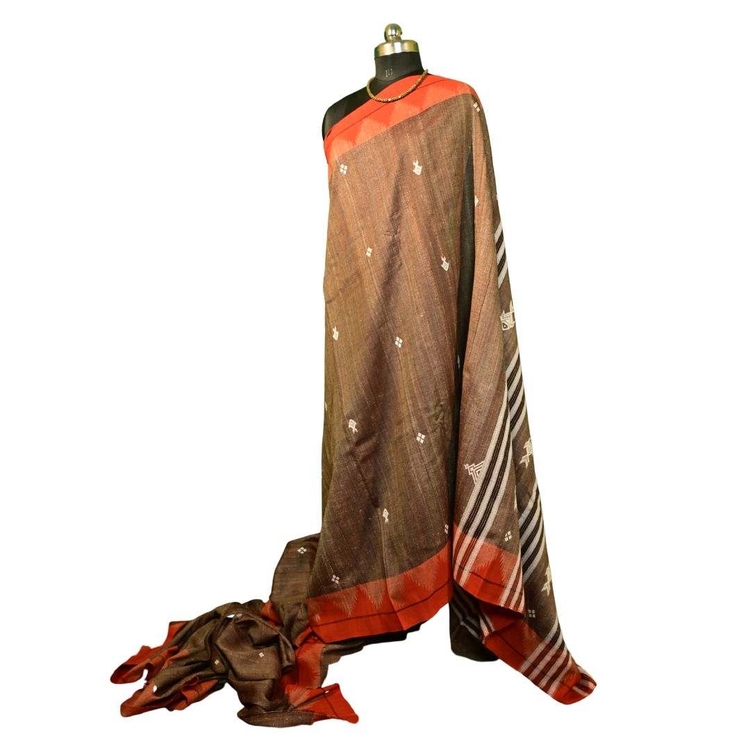 Traditional Kotpad Tussar Saree | Brown Body with Red Border & Fish Motifs | Handwoven Koraput Tribal Weave