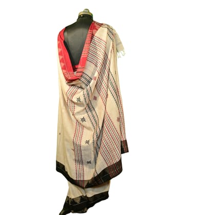 Authentic Kotpad Off-White Tussar Saree | Black & Maroon Tribal Motifs with Woven Striped Pallu | Koraput Handloom