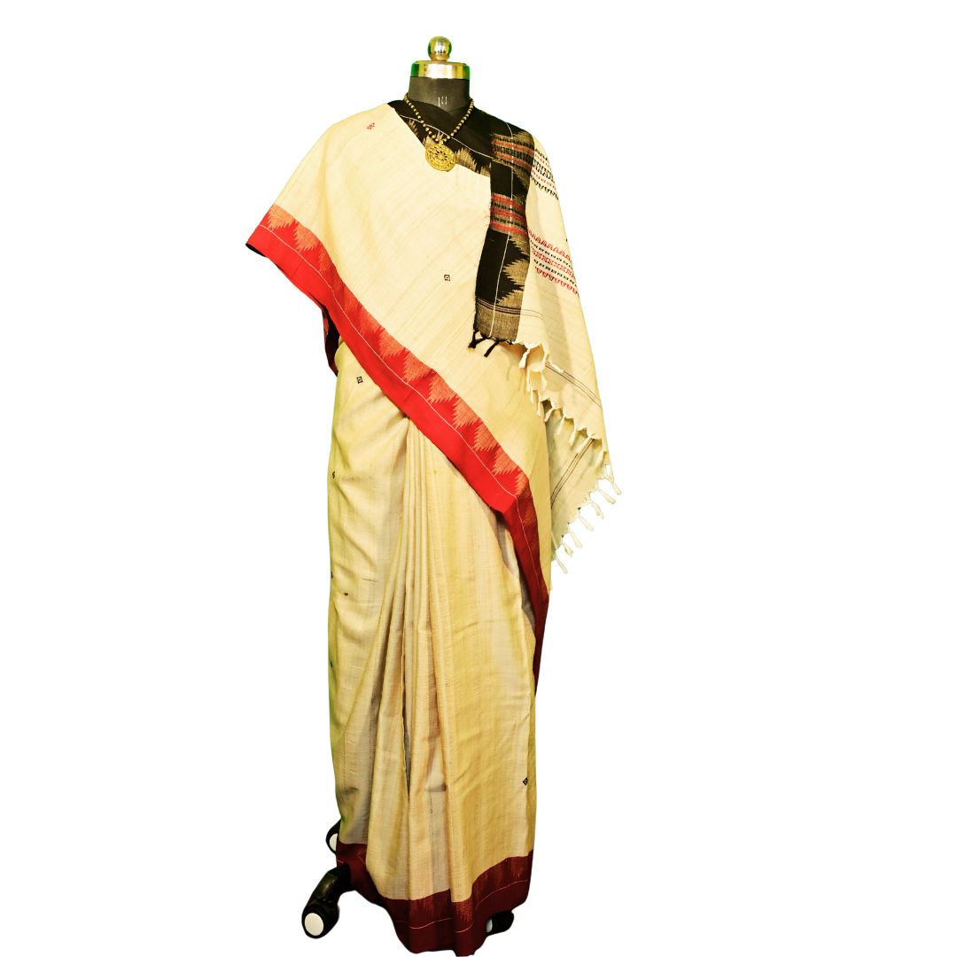 Authentic Kotpad Off-White Tussar Saree | Black & Maroon Tribal Motifs with Woven Striped Pallu | Koraput Handloom