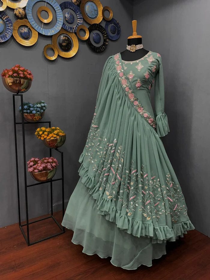 Georgette indo western gown.-Free Size Up To 42 / Green