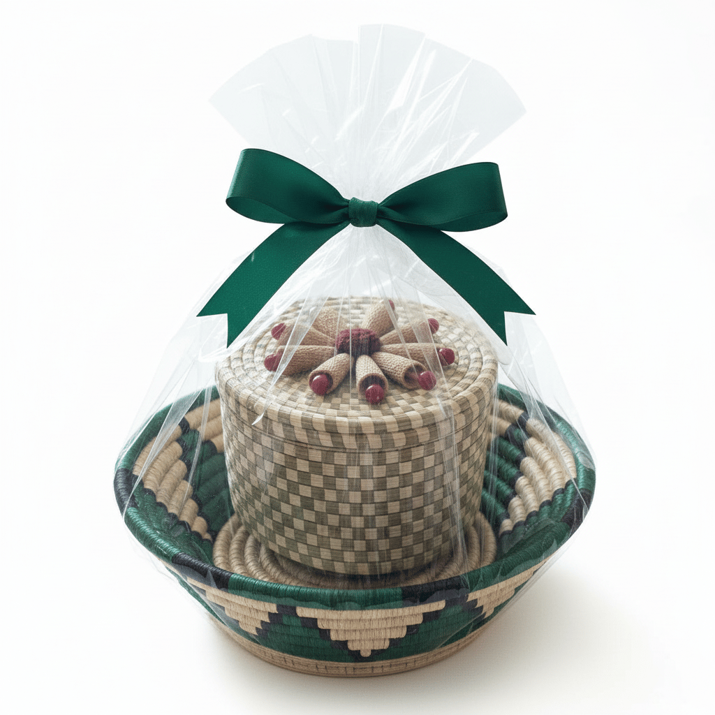 Handcrafted Sabai Grass Gift Basket Set with Lid and Green Ribbon