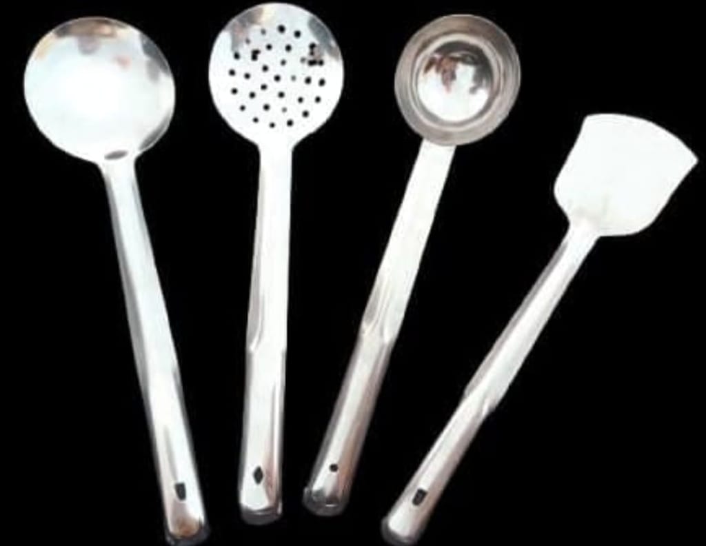 Mii Art brand stainless steel Spoon for Cooking & Serving Kitchen Tools Spatula spoon name two type skimmer,ladle & palta (size-large)pack of 4 pcs.