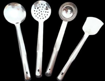 Mii Art brand stainless steel Spoon for Cooking & Serving Kitchen Tools Spatula spoon name two type skimmer,ladle & palta (size-large)pack of 4 pcs.