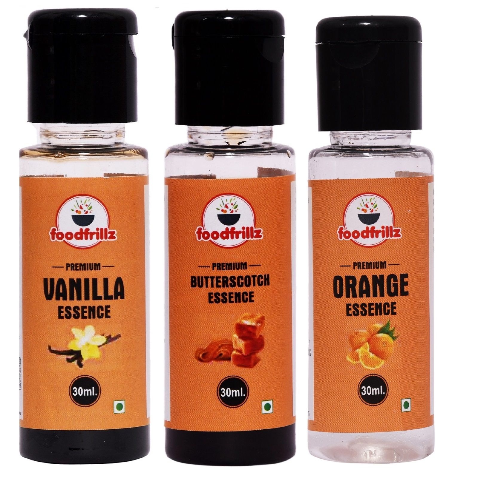 fodfrillz Butterscotch, Orange, Vanilla food flavour essence 30 ml x 3 for Cakes, Jams, Cookies, Ice Cream and Puddings