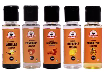 foodfrillz Vanilla, Butterscotch, Chocolate, Mix Fruit & Strawberry Food Essence for cake,Cookies,Ice Creams,Sweets, Pack of 5