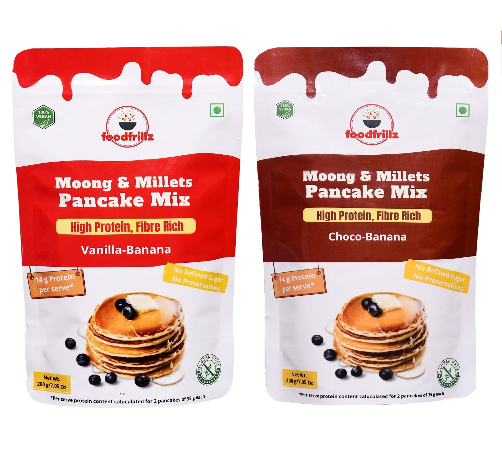 foodfrillz Millet Pancake Mix Combo - Vanilla & Chocolate (200 g x 2) High Protein & Fibre rich No Maida No refined Sugar made with Sprouted Moong beans & Jaggery