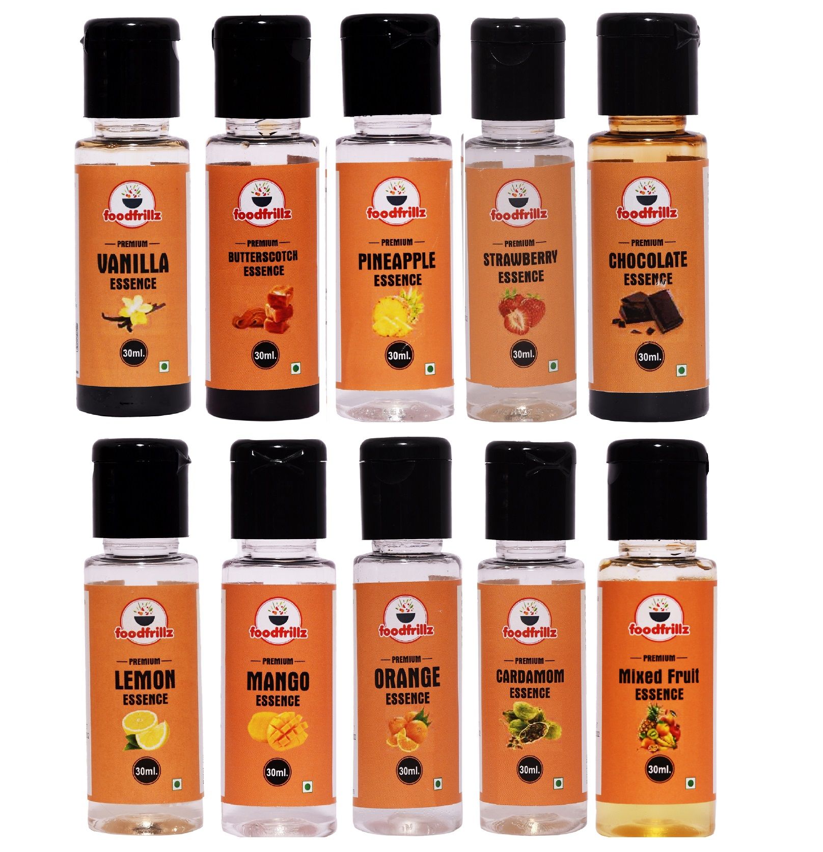 foodfrillz Food & Culinary Essence (Assorted) for Cake Making, for Ice Creams, desserts, Combo Pack of Vanilla | Strawberry | Butterscotch | Pineapple | Mango | Mix Fruit | Cardamom | Chocolate | Lemon | Orange - (Pack of 10)