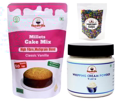 foodfrillz Millet Cake Premix (Classic Vanilla) + Whipping Cream Powder (Vanilla) + Rainbow Sprinkles (Strands) Combo of 3