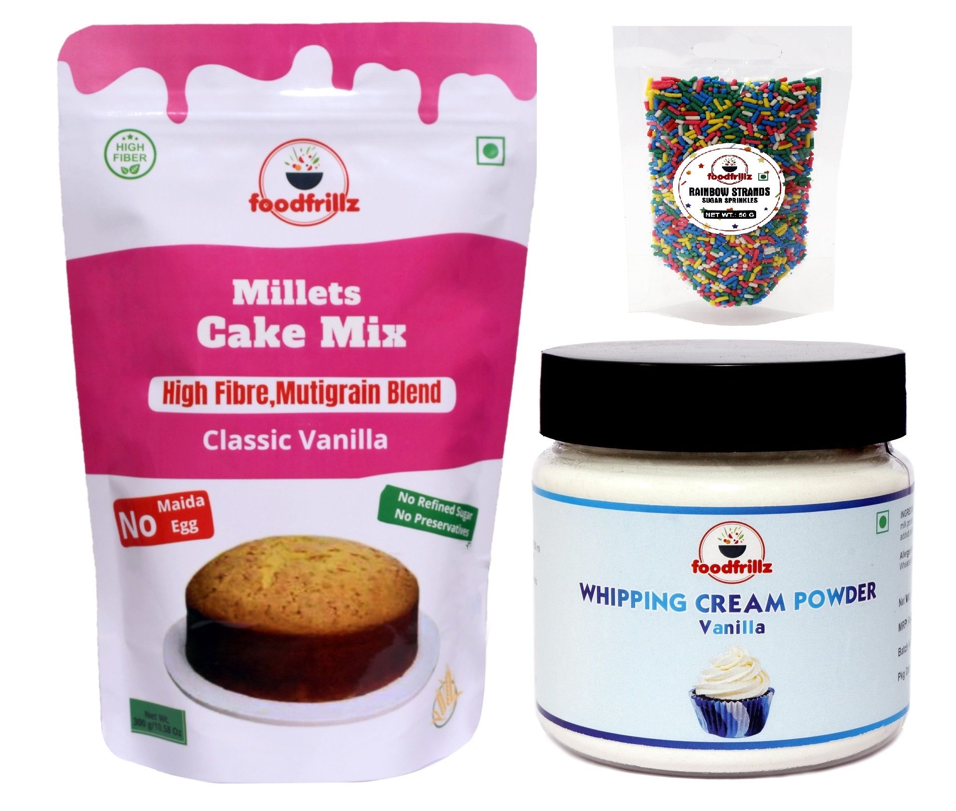 foodfrillz Millet Cake Premix (Classic Vanilla) + Whipping Cream Powder (Vanilla) + Rainbow Sprinkles (Strands) Combo of 3