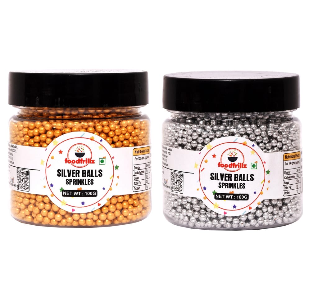 foodfrillz Premium Decorative Silver and Golden Balls Cake Sprinkles 100 g x 2 Jars