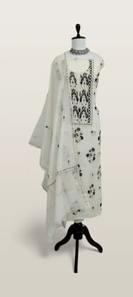Chikankari Mul Chanderi Dress Material Ivory Navy Leaf Yoke