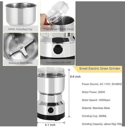 Nikkon Electric Spice & Coffee Bean Grinder. 4 Blade Stainless Steel Mini Mixer Grinder. Grinding for 'Dry Items' only. Suitable for Coffee Beans, Spices, Masala, Nuts & Grains. 150 W. (Silver) 