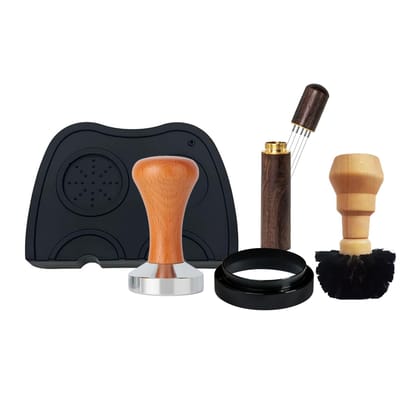 The Bean Co Roasters Home Barista Kit – 58mm Coffee Tamper-Wooden Handle, Coffee Needle Distributer, Dosing Ring, Portafilter Cleaning Brush & Silicone Tamper Mat-21×15cm Espresso Machine Accessories | Combo Pack