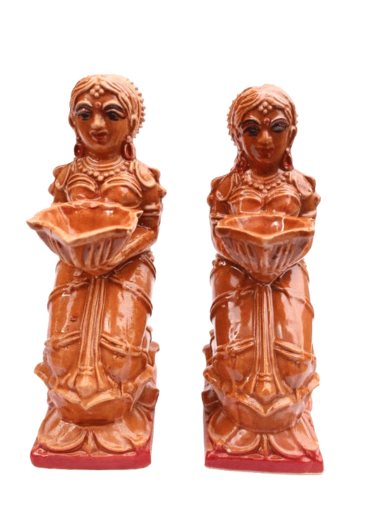 Terracotta Decorative Lady Figurines with Diya Holders - Set of 2