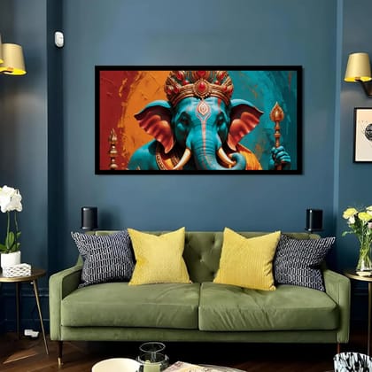 Luminary Regal Blessings – Majestic Ganesha Museum-Quality Cotton Canvas Painting for Lounge Décor | Frame Size (127 X 69 Cm) | Frame Type (Black) | 5-Year Warranty