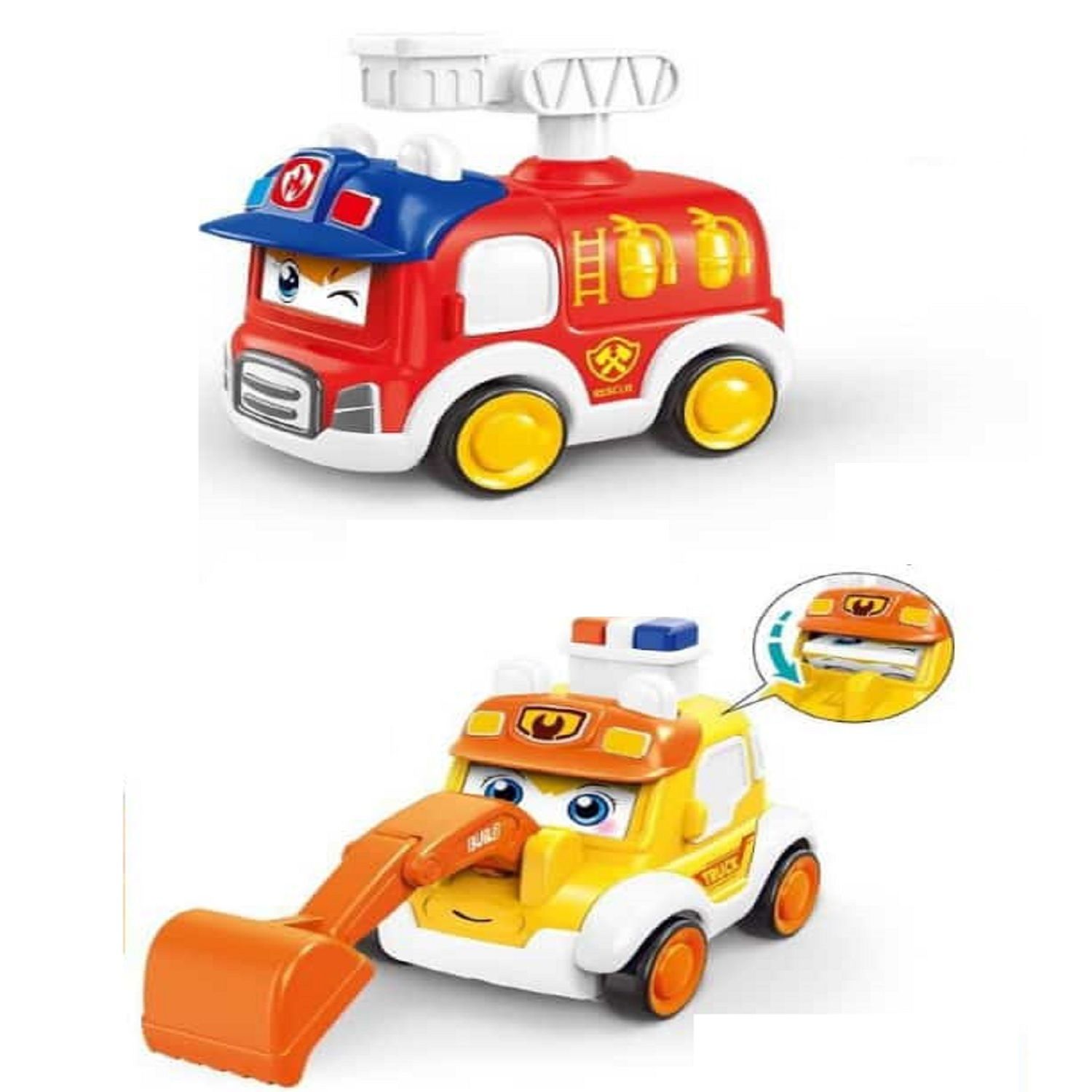 KTRS Enterprise Cartoon Friction Power Toy Vehicles Press and Go Fire Engine and Excavator Truck Toy for Kids,Crawling Toys for Kids(Pack 2)