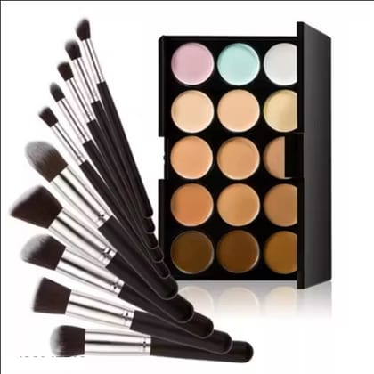 15 Color Concealer Palette with 10 Piece Makeup Brush Set, Professional Contour Kit