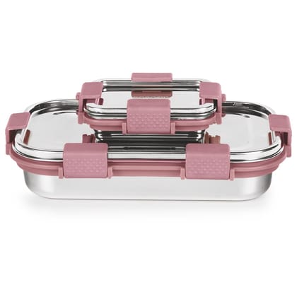 Borosil Stainless Steel Slim Lunch Box | 700 ml + 125 ml Container Set | Airtight, Leakproof, Dishwasher Safe | Portable Kids Tiffin | 1 Year Warranty | Pink