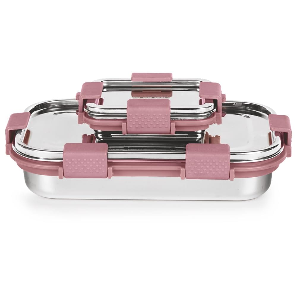 Borosil Stainless Steel Slim Lunch Box | 700 ml + 125 ml Container Set | Airtight, Leakproof, Dishwasher Safe | Portable Kids Tiffin | 1 Year Warranty | Pink