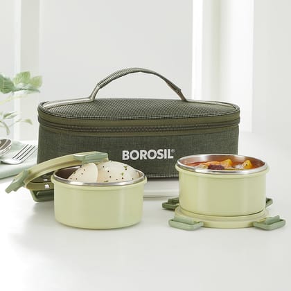 Borosil Glory Green Stainless Steel Lunchbox with Bag | 2 pcs Container Set (280 ml Each) | Leakproof & Dishwasher Safe | Horizontal
