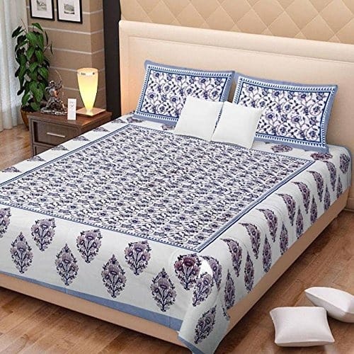 Arya Radha Elegant Blue & White Floral 100% Cotton Double Bedsheet Set with 2 Pillow Covers