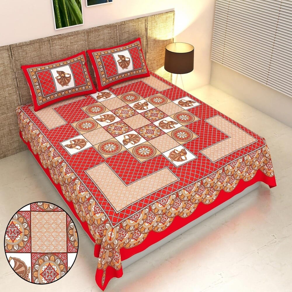 Arya Radha Jaipuri Dancing Doll Print 100% Cotton Double Bed Sheet with 2 Pillow Covers