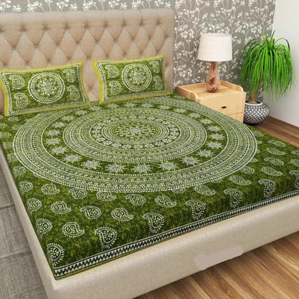 AryaRadha Green Color Kari Pattern 100% Cotton Double Jaipuri INDIA Print with 2 Chain Pillow Covers