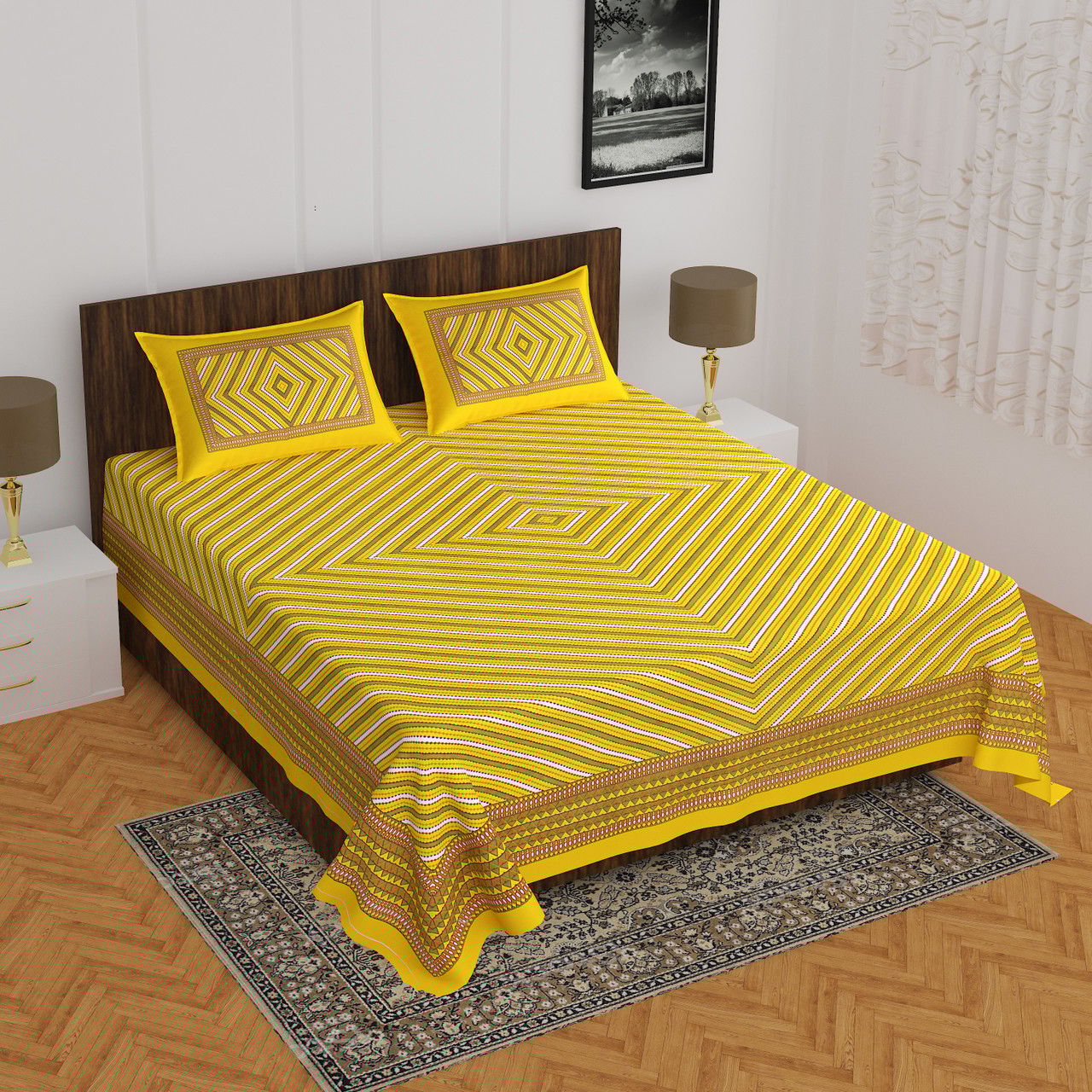 Arya Radha Yellow Color Strip Pattern Jaipuri INDIA Print 100% Cotton Double Bedsheet Set with 2 Pillow Covers