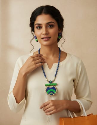 Blue Green Handcrafted Beaded Necklace with Unique Pendant