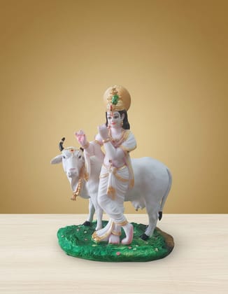 Divine Krishna with Cow Idol - Flute Playing White Krishna Murti